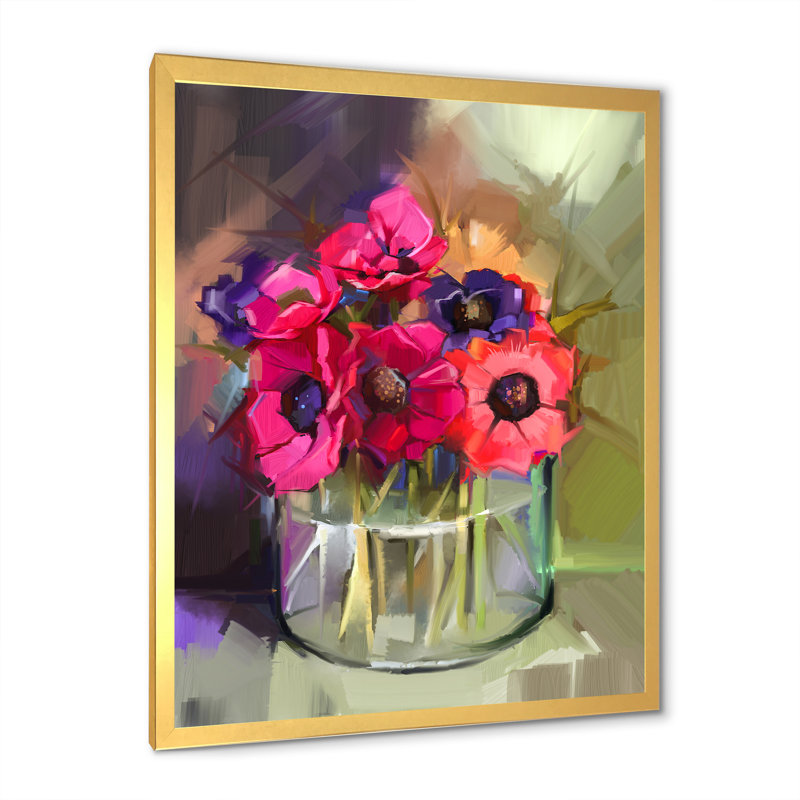 «Paint Brush Pink Spring Flowers Vase» - Art mural sur toile traditionnel, H 40 po x l 30 po x P 1,5 po, Cadre photo doré
