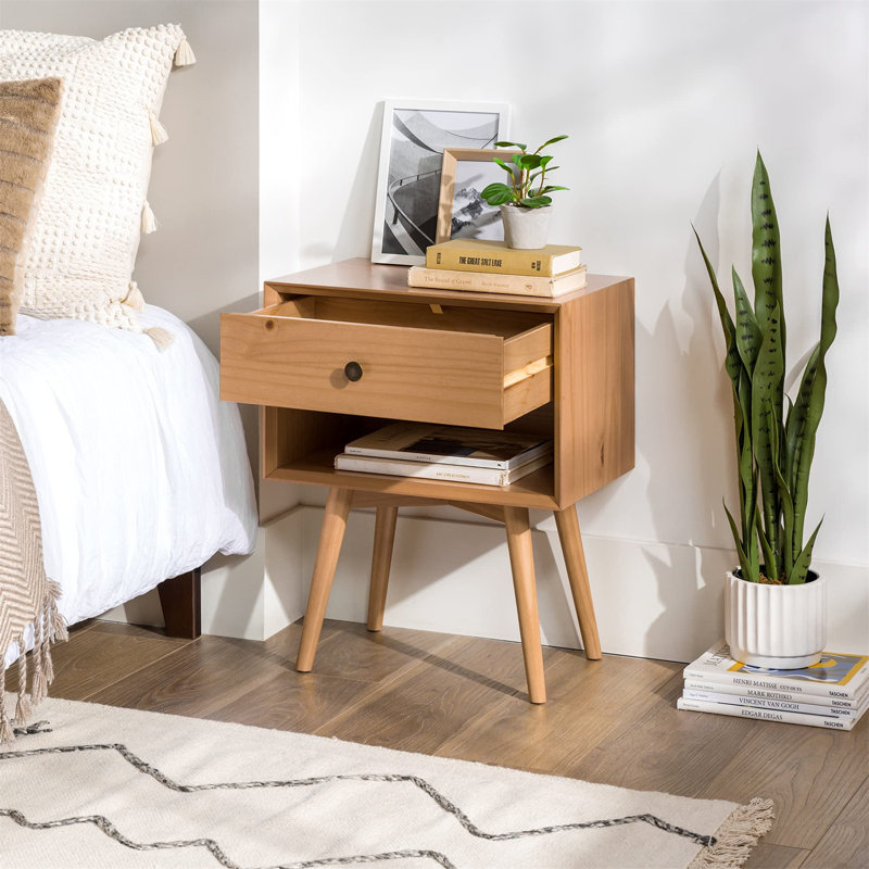 Table de chevet 1 tiroir Mid-Century, Pin naturel