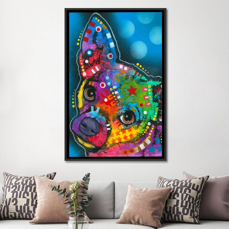 « pop chihuahua », impression sur toile tendue, H 26 po x l 18 po x P 1,5 po, Toile avec cadre noir