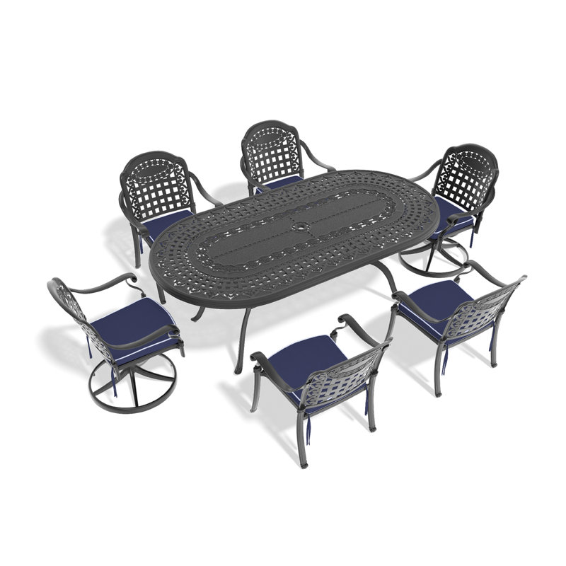 Ensemble de salle à manger 7 pièces en fonte d'aluminium toutes saisons comprenant 2 chaises pivotantes, 4 chaises et une table ovale avec cadre noir