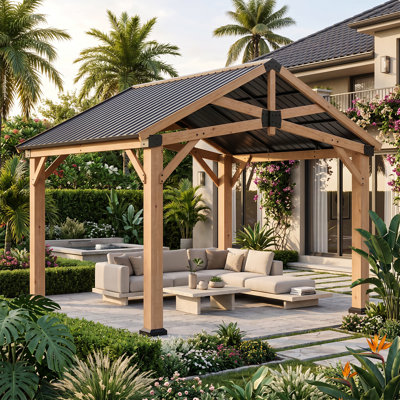 10' x 12' Outdoor Hardtop Gazebo, Cedar Wood Gazebo Permanent with Galvanized Steel Gable Roof, for Patio, Garden, Deck