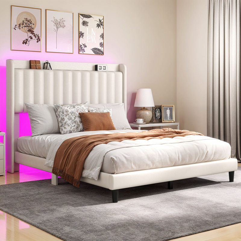 Upholstered Platform Bed with LED Lights, Queen