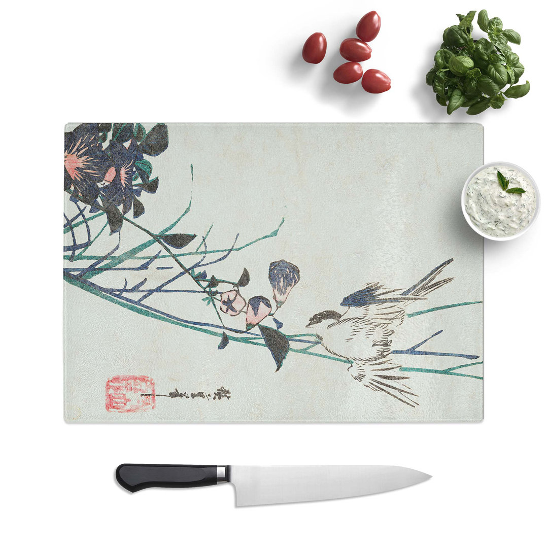 Tempered Glass Sparrow and Flowers by Utagawa Hiroshige Chopping Board