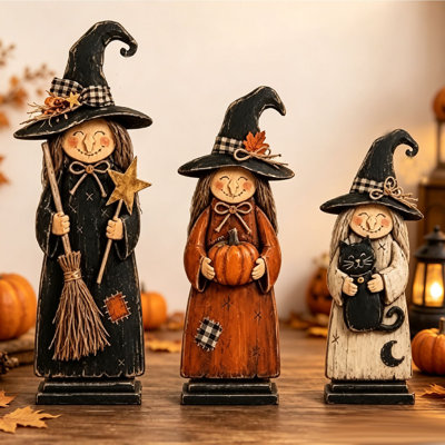 Halloween Ghost Resin Ornament Vintage Hand Carved Wooden Witch Figurine Standing Witch Statue Tabletop Decor Suitable For Shelves Fireplaces And Home Decoration