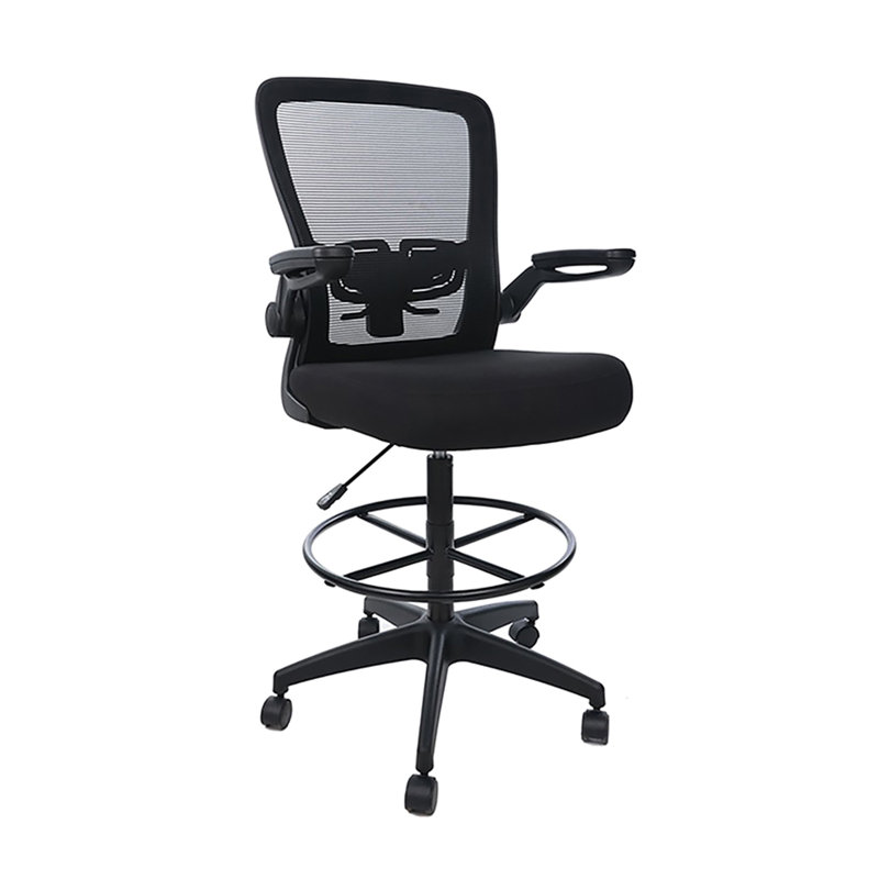Dea Drafting Stool Chair, Flip-Up Arms, Black Mesh, Chrome Footring, Black