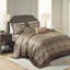 Couvre-lit très grand réversible - 5 pièces brun / doré, feuille, rayures et motifs, 2 taies décoratives, coussins décoratifs, lavable à la machine