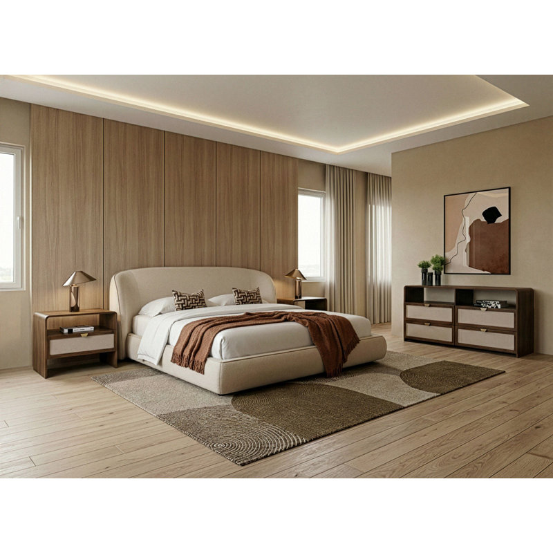Lambert - Modern Beige Fabric + Walnut + Burlap 4-piece Bedroom Set, Queen