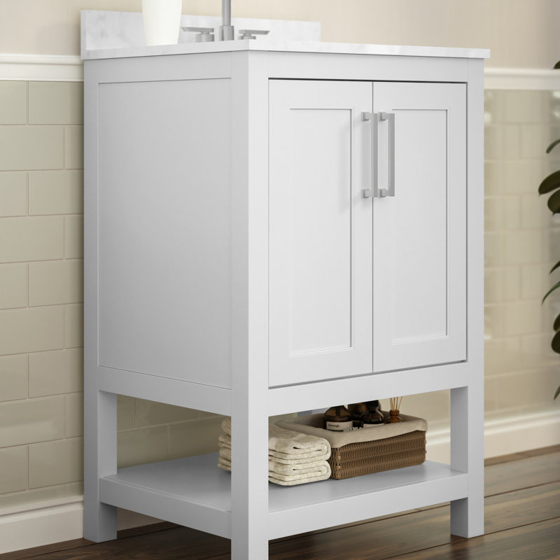 Canita 24'' Bathroom Vanity with Undermount Sink and Open Storage Shelf, Nickel, White
