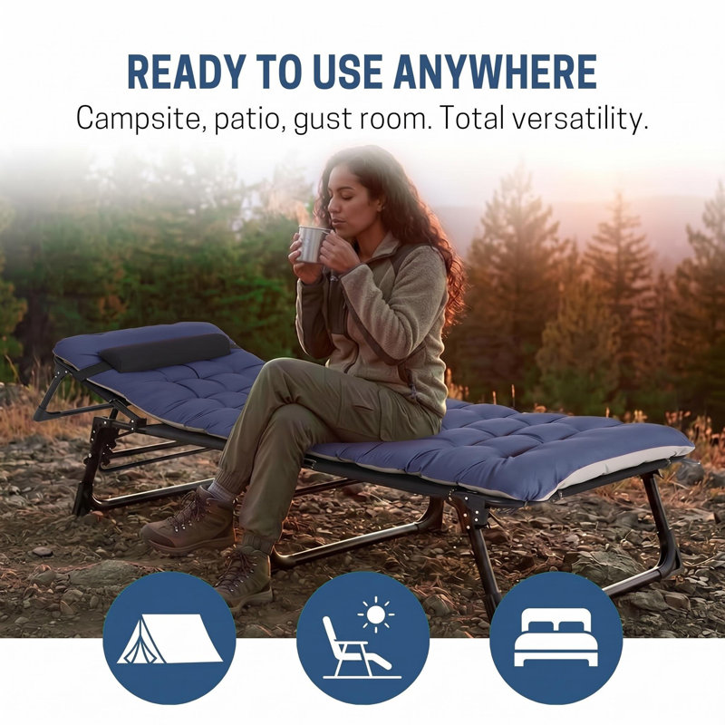 Lit de camp pliable pour adultes avec matelas, lit de camp pliant robuste avec oreiller réglable à 5 angles pour le soutien de bureau de randonnée 400 lb, bleu