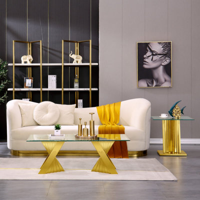3 Piece Glass And Gold Living Room Table Set