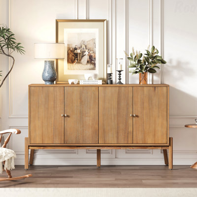 Buffet rétro - l 56,8 po x P 18 po x H 34,2 po Vintage, 4 portes, poignées en métal, panneau de fibres à densité moyenne et placage d'acacia, naturel