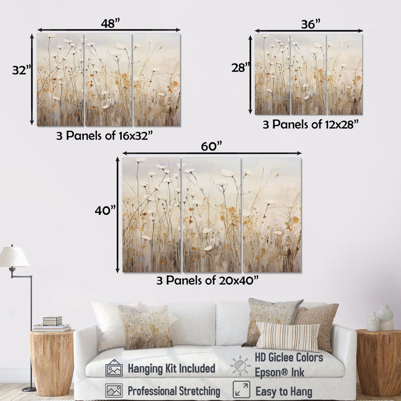 Elige - Wildflowers Wall Art Living Room Set, Wrapped Canvas, 32" H x 48" W x 1" D