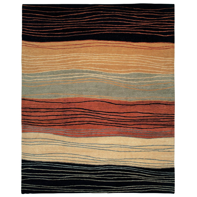 Wool Striped Area Rug in Black/Brown/Red, Rectangle 3' x 5'