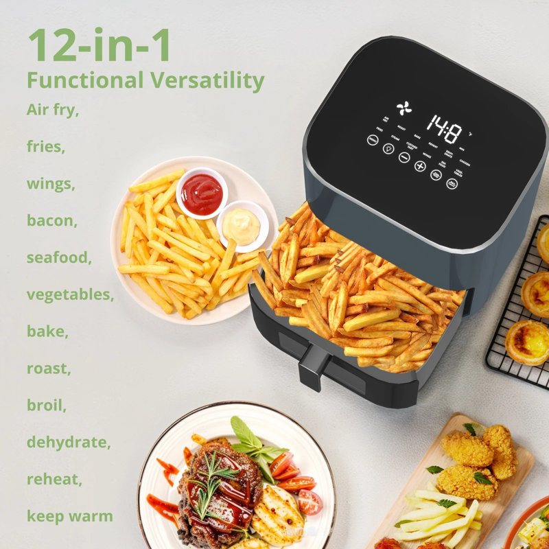 Friteuse à air 12-en-1, compacte et grande 6 pte avec fenêtre de visualisation, rôti, réchauffer, déshydrater, cuire, vapeur