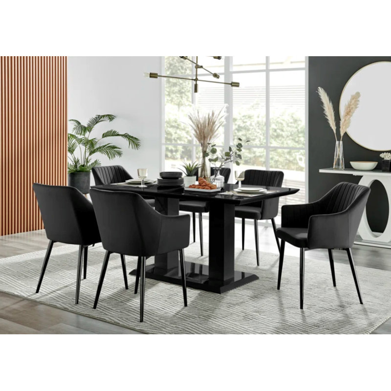 Edzard High Gloss Double Pillar Dining Table Set & 2 Luxury Modern Velvet Dining Chairs, Black