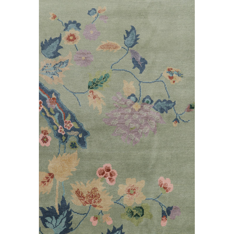 Rug & Kilim’S Chinese Art Deco Floral Rug In Green And Blue, Rectangle 12' x 16'