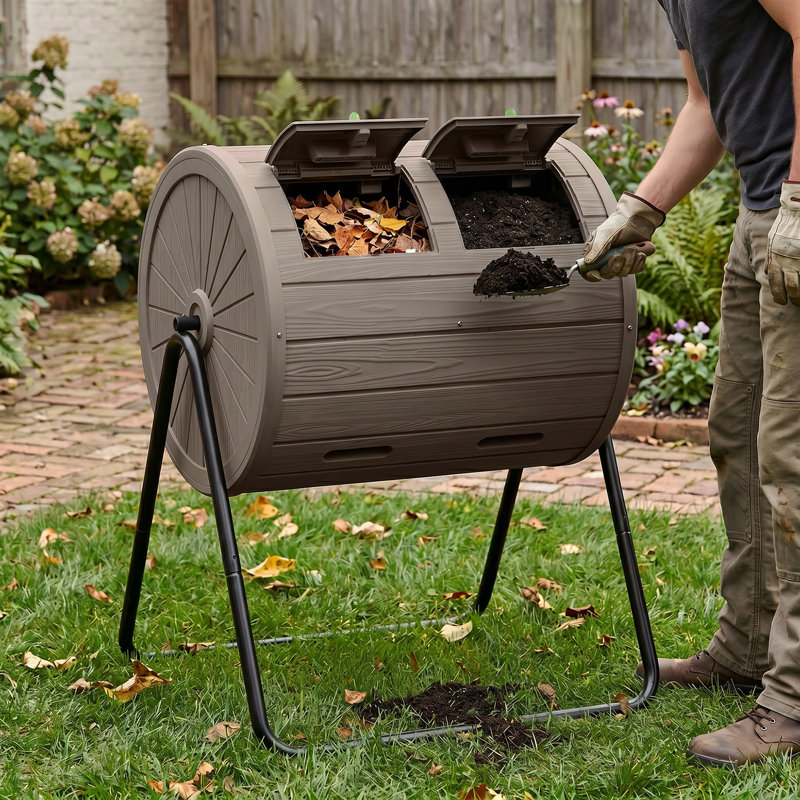 Gobelet rotatif à compost à deux chambres 37,5 gallons, conception à grain de bois avec support en acier - résistant aux intempéries pour patio de jardin
