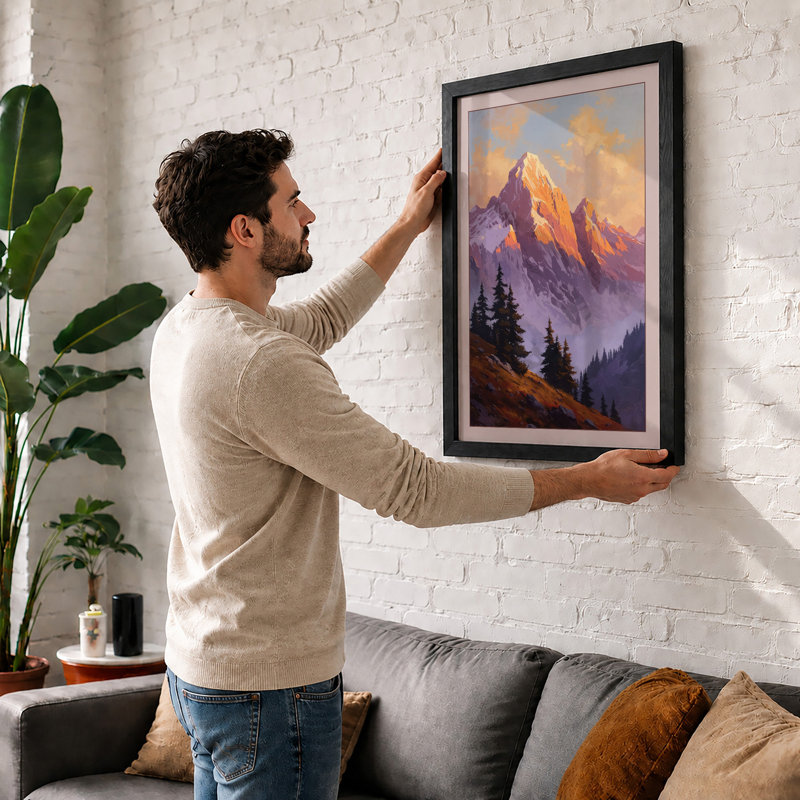 Mountains at Sunrise Landscape - Framed Print, A4 - 29.7 x 21.0 cm, Oak