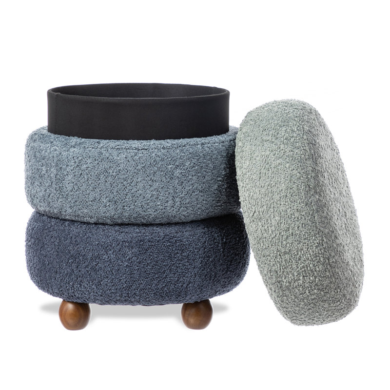 Modern Corrugated Upholstered Storage Ottoman Or Accent Stool With Rubberwood Ball Feet, Blue
