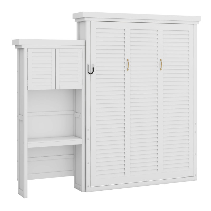 Grand lit escamotable avec plusieurs tablettes de rangement - Décoration de style persienne incluse, Blanc