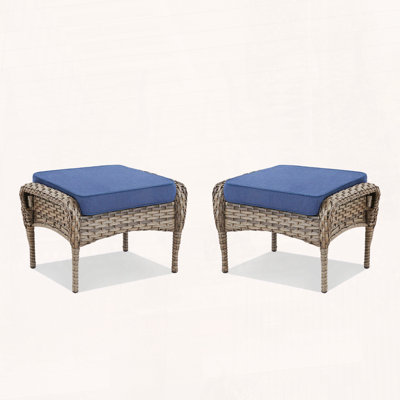 Outdoor PE Wicker Ottoman Set of 2 with Plush Cushions