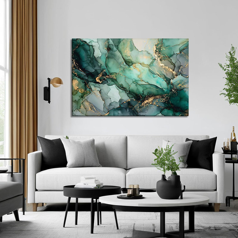 Emerald Green Gold Wall art Abstract Decor Fluid Marble Geometric Texture Picture Modern Artwork Canvas Prints for Living Room Bedroom Bathroom Dining Room Home Decoration - 12.00"x18.00"