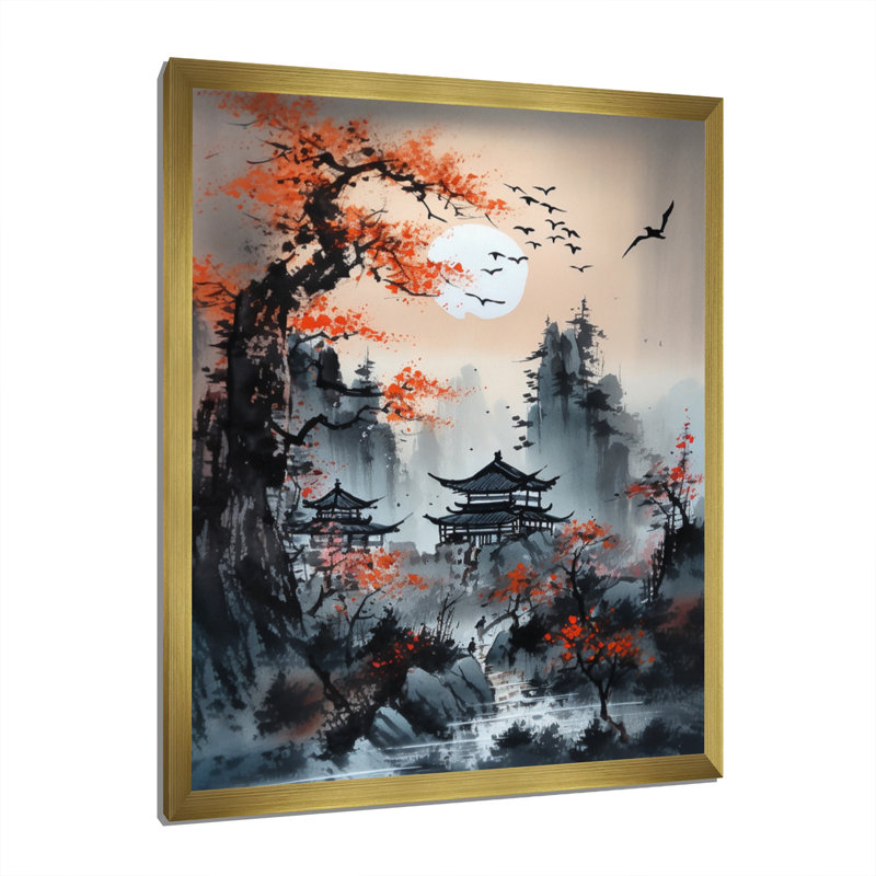 Fourche Red Moonset Raven Cry Japon IV, H 44 po x l 34 po x P 1,5 po, Encadrement doré