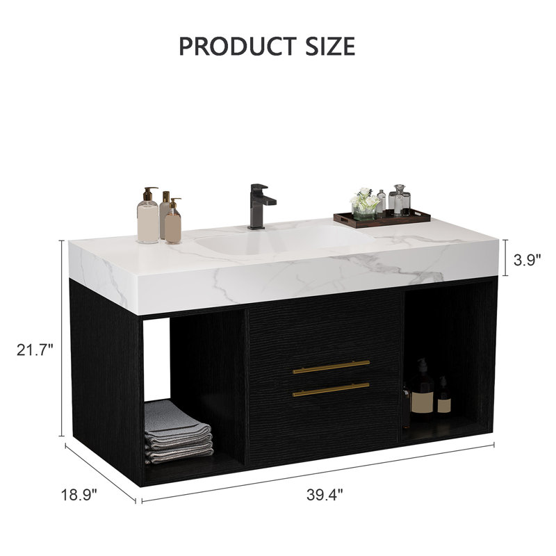 Meuble-lavabo l 39,4 po avec lavabo en céramique? 2 tiroirs et 2 espaces de rangement, Noir
