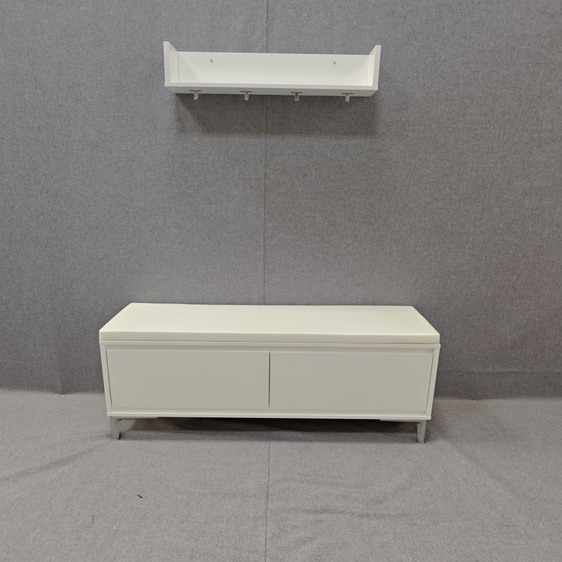 Wall-Mounted Entryway Shelf With Hooks And Storage Bench Set, Modern White Shoe Cabinet With Cushion And Closed Storage