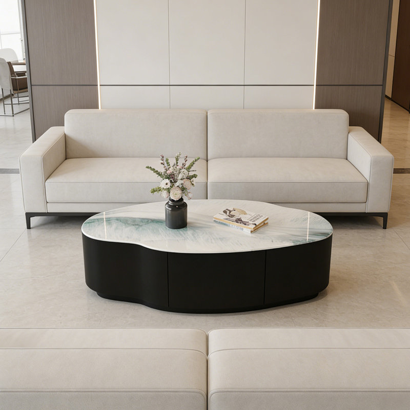 Table basse haut de gamme en verre trempé avec tiroir, H 15,74 po x L 39,37 po x l 19,68 po, Blanc / bleu sarcelle