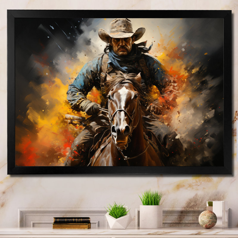 «Western Rodeo Spirit Pointillism Art», reproduction d'art sur toile, H 30 po x l 40 po x P 1,5 po, Cadre noir
