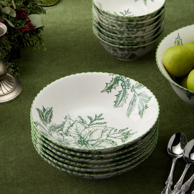 Winter Evergreen Set of 6 Soup Bowls — Six assorted 48-ounce white porcelain bowls in bold forest green toile, bringing botanical grandeur to every warming soup and stew of the season.