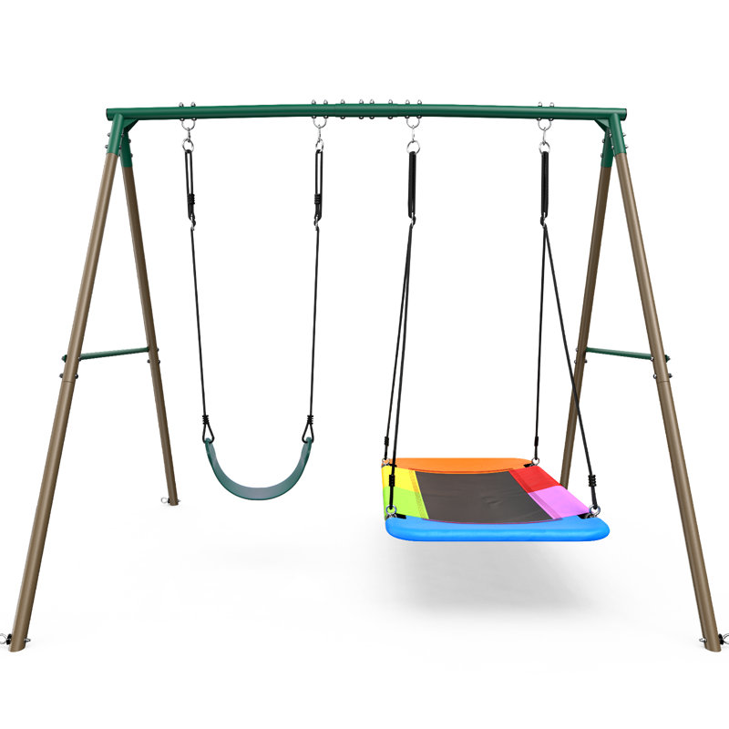 440lbs 2 Seat Swing Sets For Backyard, 1 Platform Swing And 1 Belt Swing 
