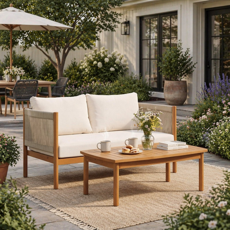 Ensemble de causeuse et de table basse d'extérieur avec structure en bois d'acacia, panneaux de corde beige et coussins crème pour une élégante terrasse