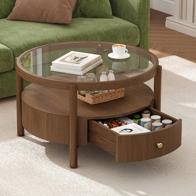 Table basse Mid-Century moderne avec tiroir de rangement et plateau en verre