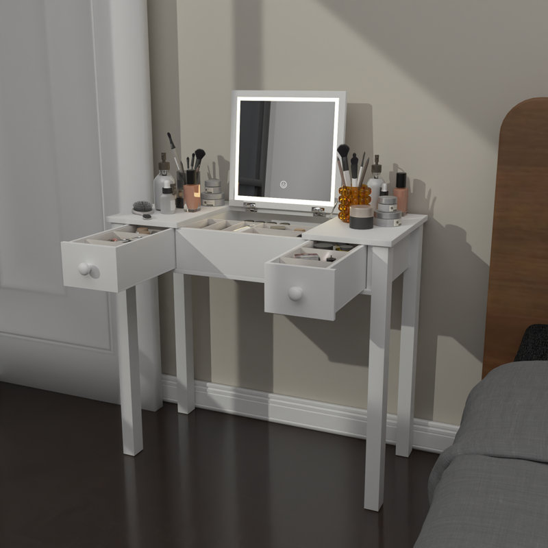 Sleek Vanity Table with LED Lights, Flip-Top Mirror and 2 Drawers, Jewelry Storage for Women Dressing, White/Light Oak