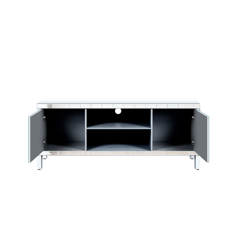 Meuble télé en miroir pour téléviseur de 65 pouces et plus, console à 2 armoires argentées, support d'accessoires de salon moderne, avec rangement ouvert et 2 armoires, décoration