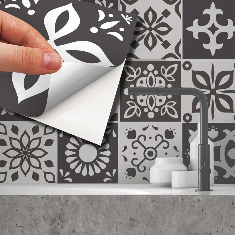 Marjorelle Moroccan Wall Tile Sticker Set 15cm x 15cm PVC, Black/White