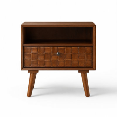 Mid-Century Modern Wood Nightstand with Carved Geometric Drawer Front, 1 Spacious Drawer and Open Storage Shelf, Solid Wood Legs, Compact Bedside Tabl