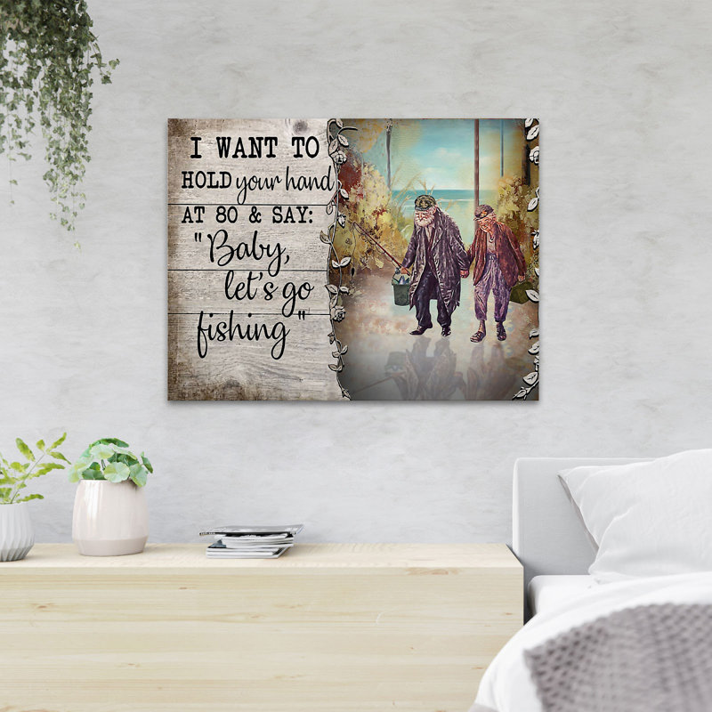 Vieux couple tenant par la main et pêche - reproduction d'art graphique sur toile tendue, H 24 po x l 36 po x P 2 po