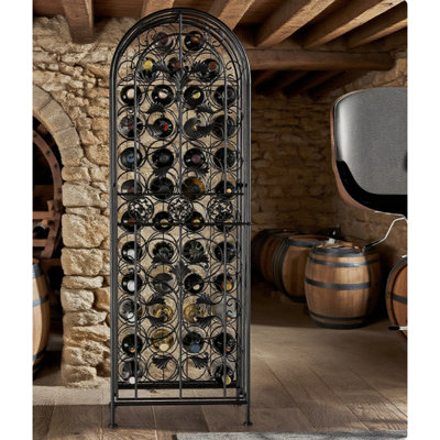 Rack Wrought Iron Wine Rack with Lockable Design, Elegant Scrollwork, and Storage for 45 Bottles, Perfect for Home Cellars and Kitchens.