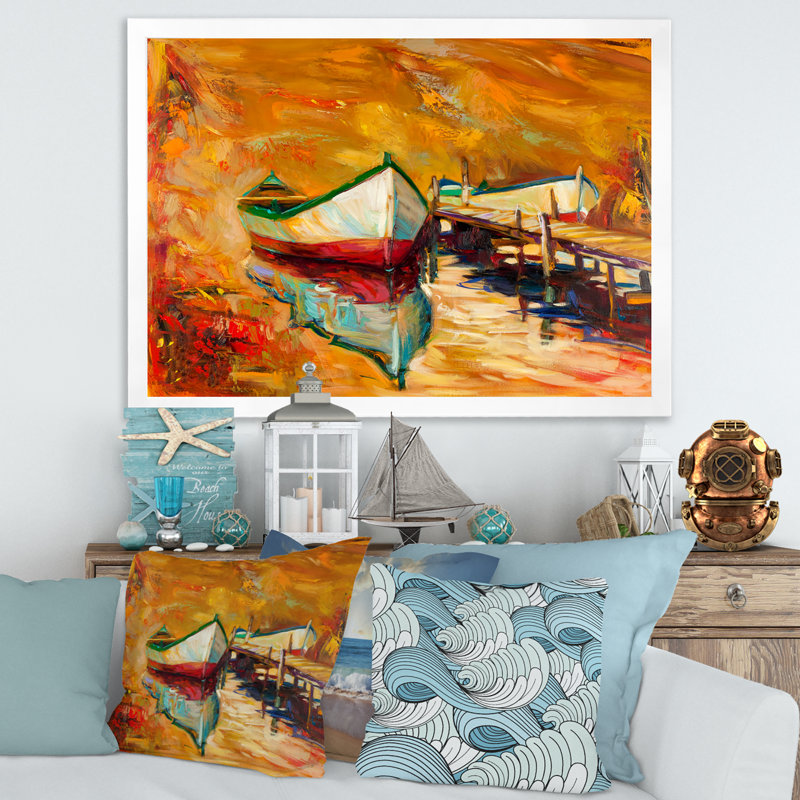 Bateaux blancs et rouges près de la jetée - Peinture sur toile, Cadre photo blanc, H 30 po x l 40 po x 1,5 po
