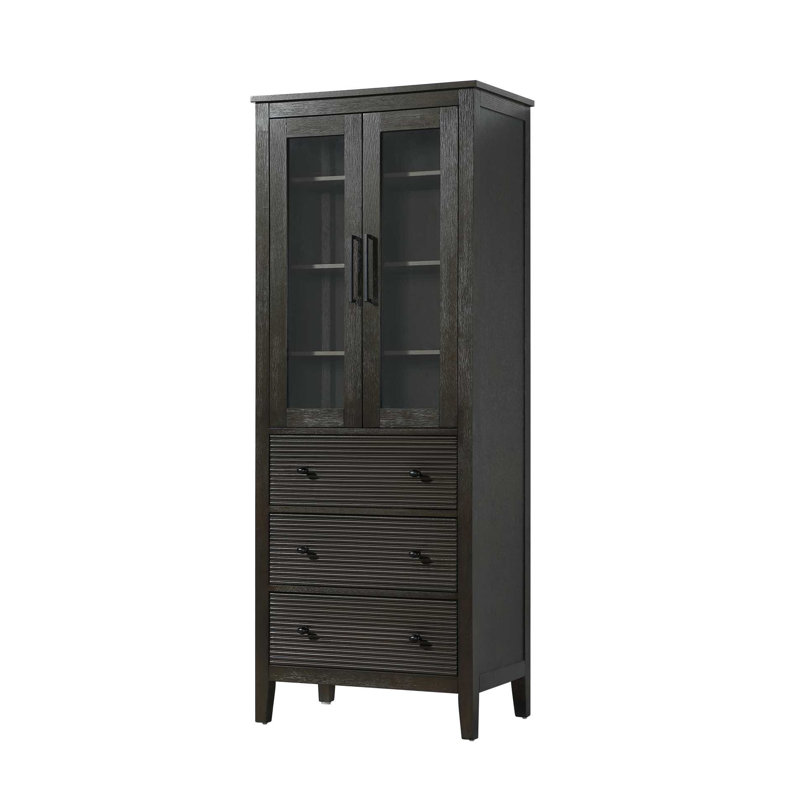 28 Inch Bath Storage Glass Cabinet in Chocolate Oak, 72" H x 28" W x 18" D, Chocolate Oak