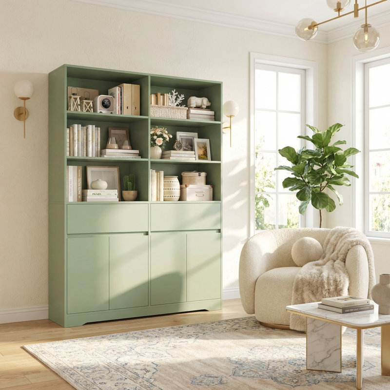 47.2" W Tall Bookshelf And Bookcase, 6 Tier Bookcase For Home Office, Living Room, Sage Green