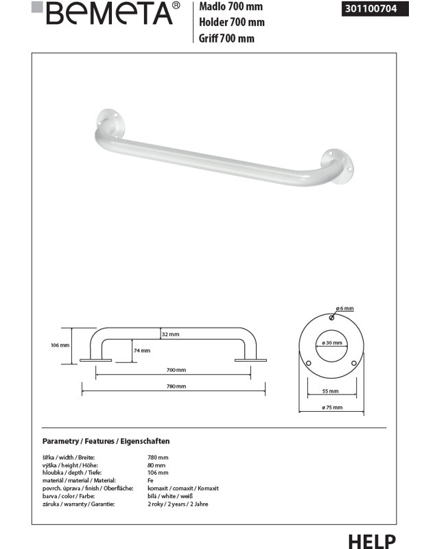 Handrail Help 800 Grab Bar, 8cm H x 78cm W x 10.6cm D
