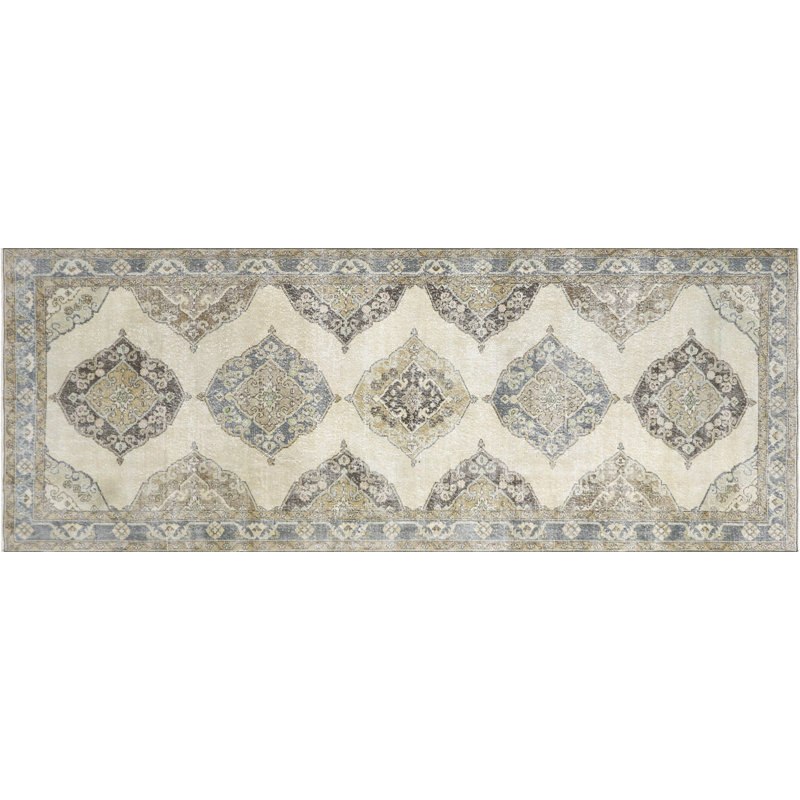 Tapis de couloir unique en laine noué à la main de style années 1960 de 4 pi 9 po x 12 pi 7 po en beige / gris clair