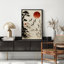 «Red Sun with Flying Cranes and Bamboo in Asian-Inspired Landscape», reproduction d'art sur toile encadrée