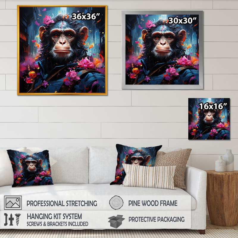 Floral, singe, art mural singe, Toile tendue, H 16 po x l 16 po x P 1 po