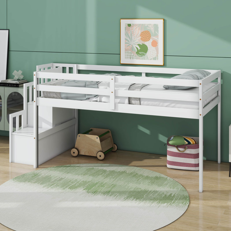 Twin Wooden Low Loft Beds With Two Step Stairs Storage, White