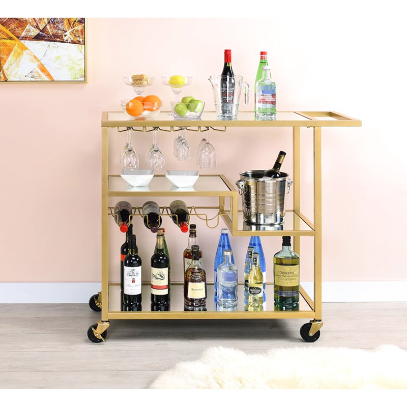 Chariot en miroir à finition champagne pour le service des boissons et des aliments, plateau et tablettes de miroir de 5 mm, cadre en métal, support pour bouteilles de vin / verres à pied, roulettes, 3 compartiments ouverts, capacité de poids de 70 lb, tablette de 40 lb